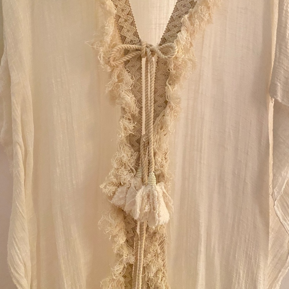 Z & L Europe CoverUp Maxi Ivory Boho Fringe Duster Tassels Caftan Tunic Swim FS - Picture 3 of 9